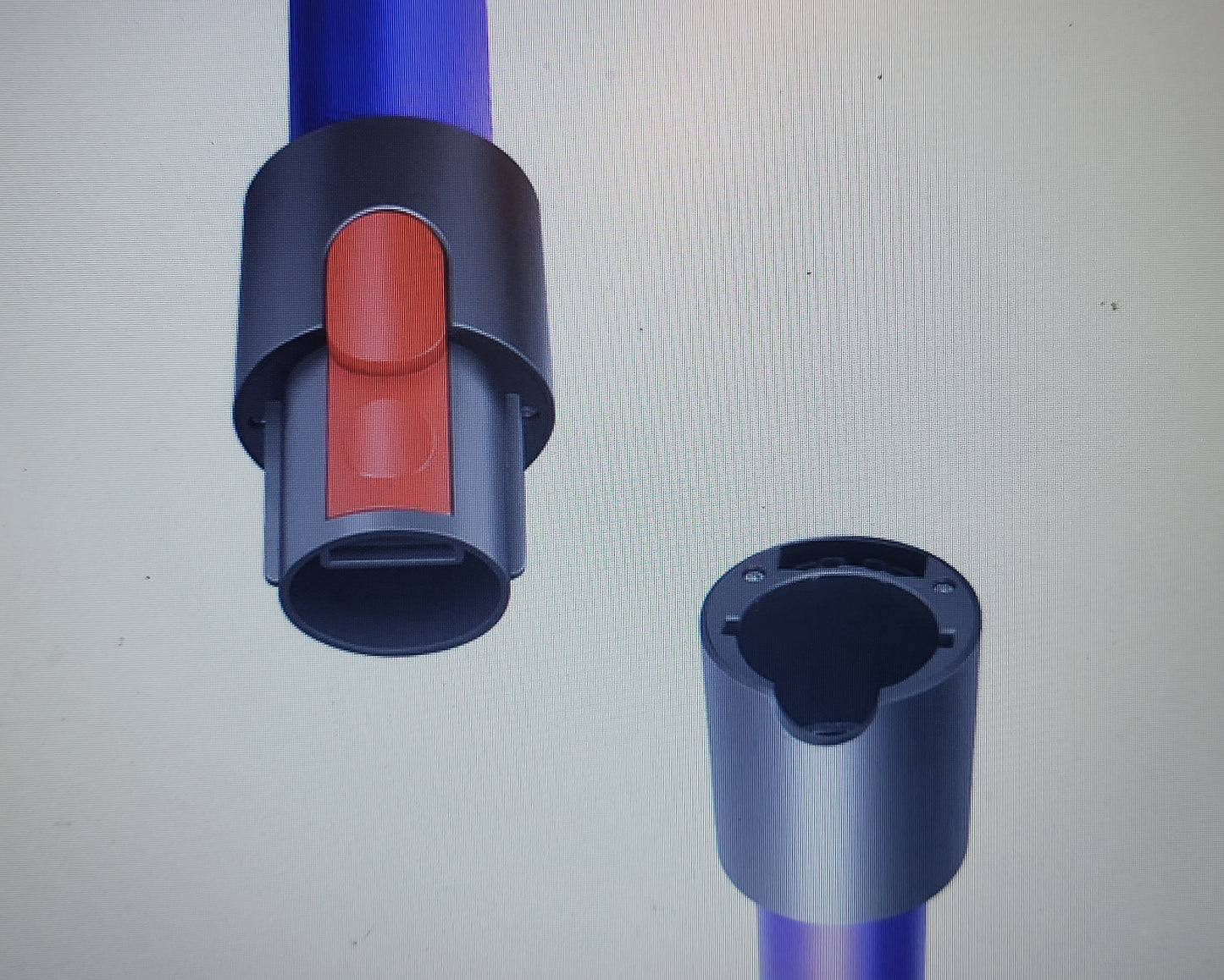 Zwei zylindrische Rohre in Metallic-Rot, getrennt dargestellt, sind das immer-saugut Saugrohr Dyson V7, V8, V10 und V11 rot kompatibel. Sie verfügen jeweils über schwarze Anschlüsse mit einem roten oberen Knopf und einer unteren Öffnung für eine einfache