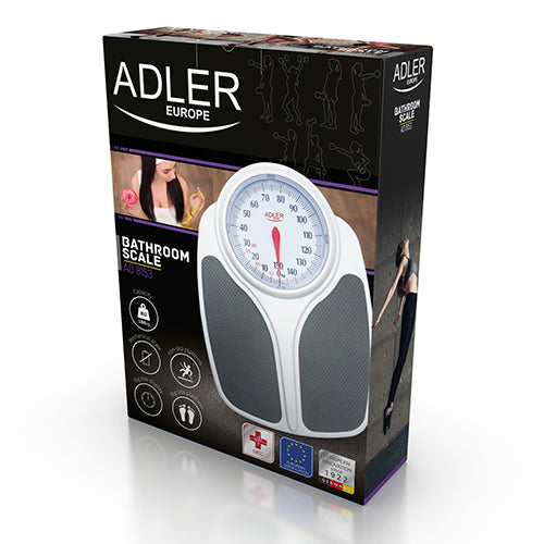 Auf der Verpackung ist eine „immer-saugut“-Personenwaage, Modell AD 8177, mit großem, rundem, weißem Zifferblatt abgebildet. Die Verpackung ist mit Fitness-Symbolen und Abbildungen von sporttreibenden Menschen vor dunklem Hintergrund sowie weißem und violettem Text gestaltet.