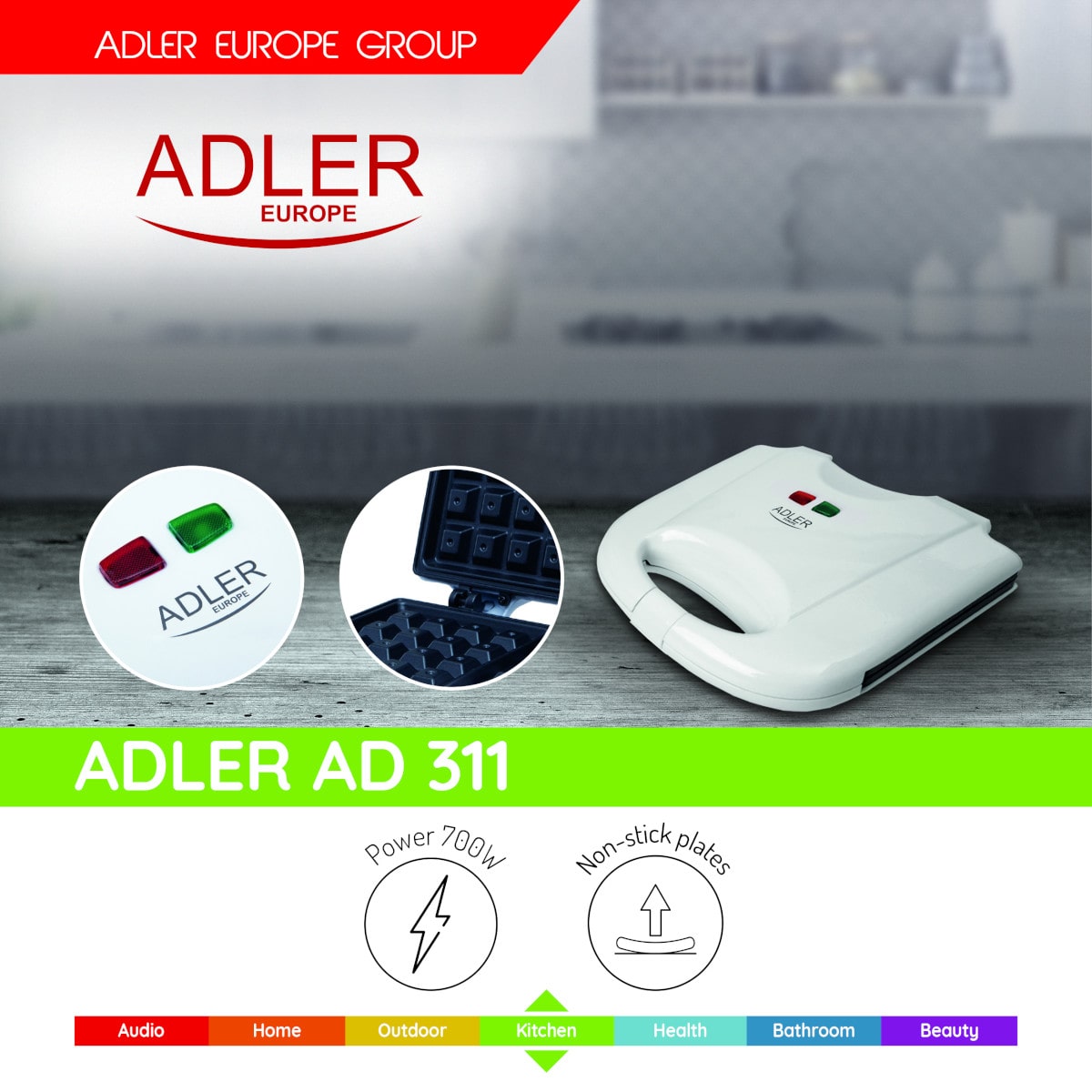Bild einer Anzeige für das immer-saugut Adler Waffeleisen. Im oberen Bereich ist das Logo der Adler Europe Group zu sehen. Darunter befindet sich ein Waffeleisen mit Antihaft-Beschichtung, Thermostat, Cool-Touch-Kunststoffgehäuse und einer Leistung von 70