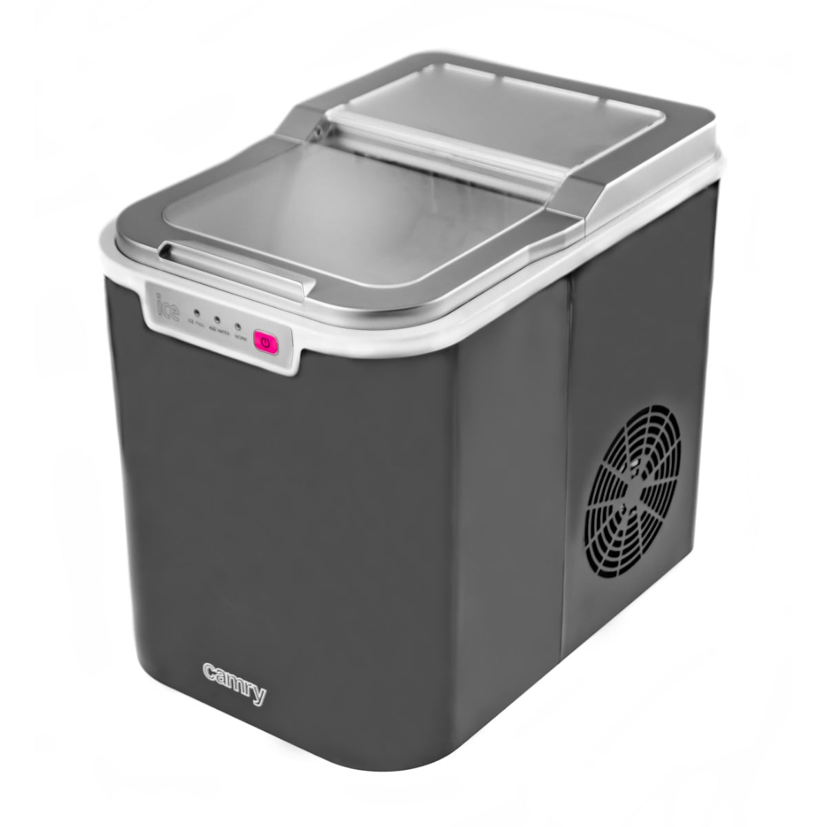 Eine kompakte, elegante schwarze Camry – Eiswürfelmaschine – Tragbarer Eiswürfelbereiter, Eisproduktionskapazität 12 kg/24 h, Wasserbehälter 2,2 l mit transparentem Deckel oben. Auf der Vorderseite befinden sich Steuertasten mit Symbolen und eine kleine D
