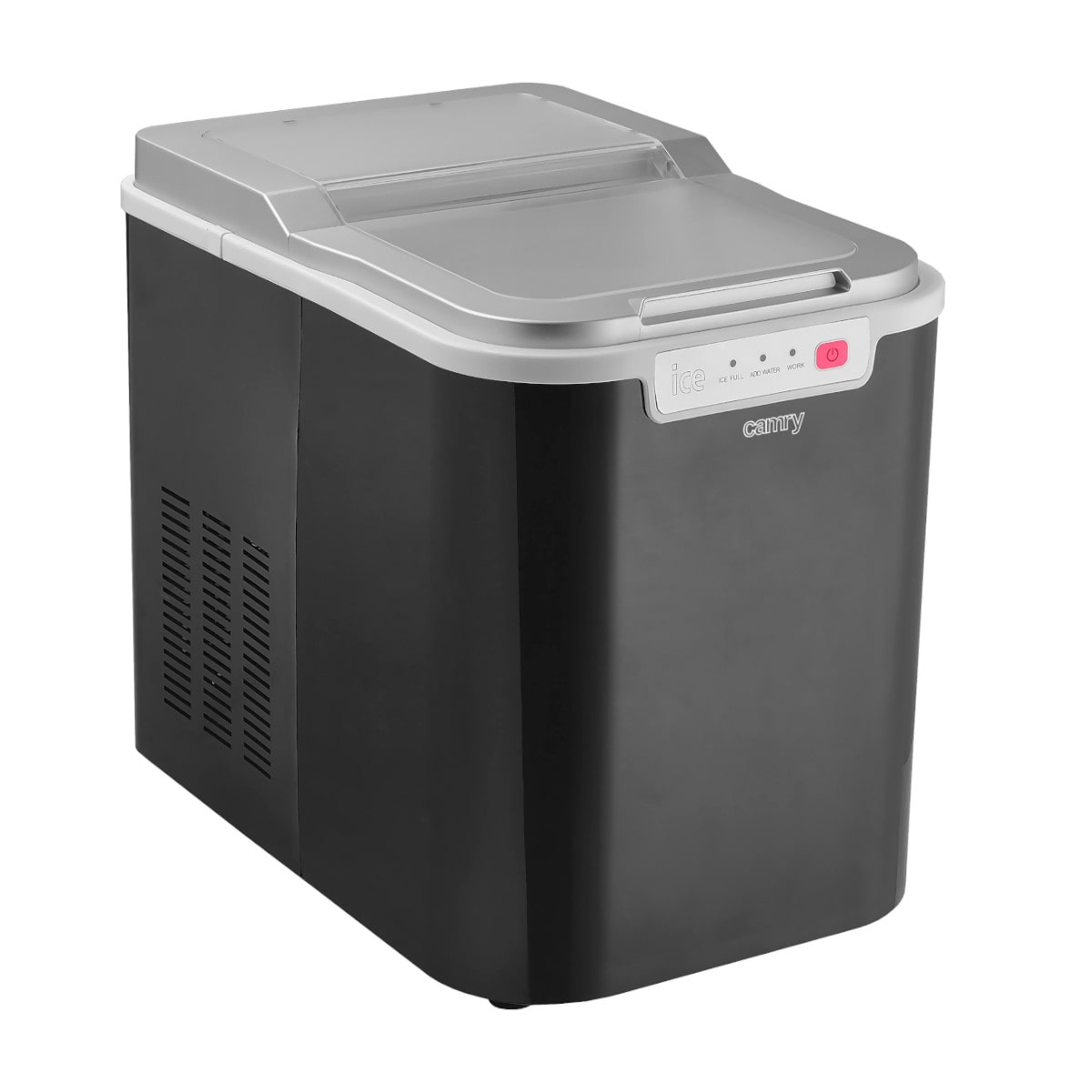Eine kompakte, schwarz-silberne Camry – Eiswürfelmaschine – Tragbarer Eiswürfelbereiter, Eisproduktionskapazität 12 kg/24 h, Wasserbehälter 2,2 l mit oberem Deckel, vorderem Bedienfeld mit Tasten und LED-Anzeige sowie seitlicher Belüftung. Auf der Vorders