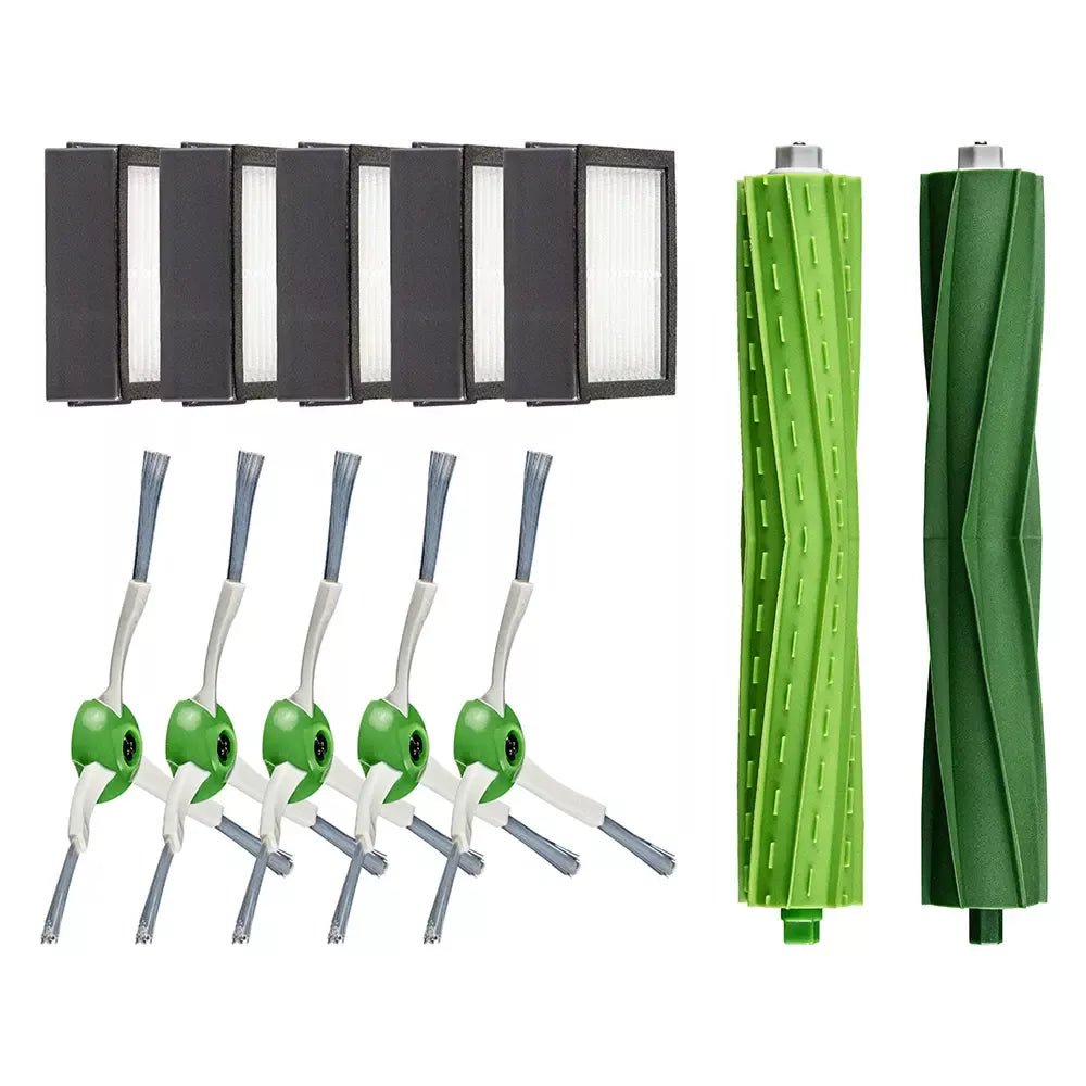 Das immer-saugut Ersatzteilset iRobot Roomba E5/E6/E7/i7 kompatibel enthält sechs rechteckige Filter, vier grüne, dreiarmige Seitenbürsten und zwei lange, grün strukturierte Gummirollen auf weißem Grund.