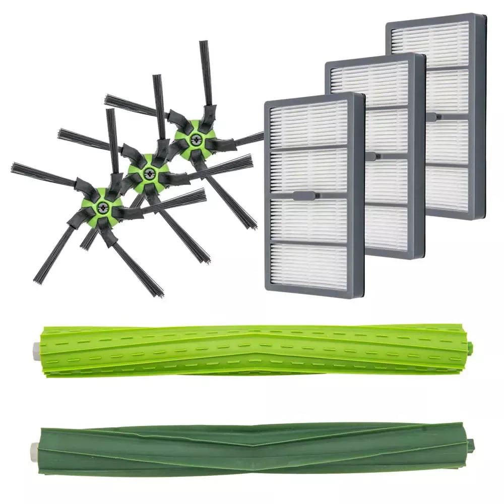 Das immer-saugut Ersatzteilset, kompatibel mit iRobot Roomba S9/S9+, enthält 3 Filter im grauen Rahmen, 4 fünfarmige Seitenbürsten (schwarz-grün) und 2 grüne Gummiwalzen - alle Verschleißteile ordentlich sortiert.