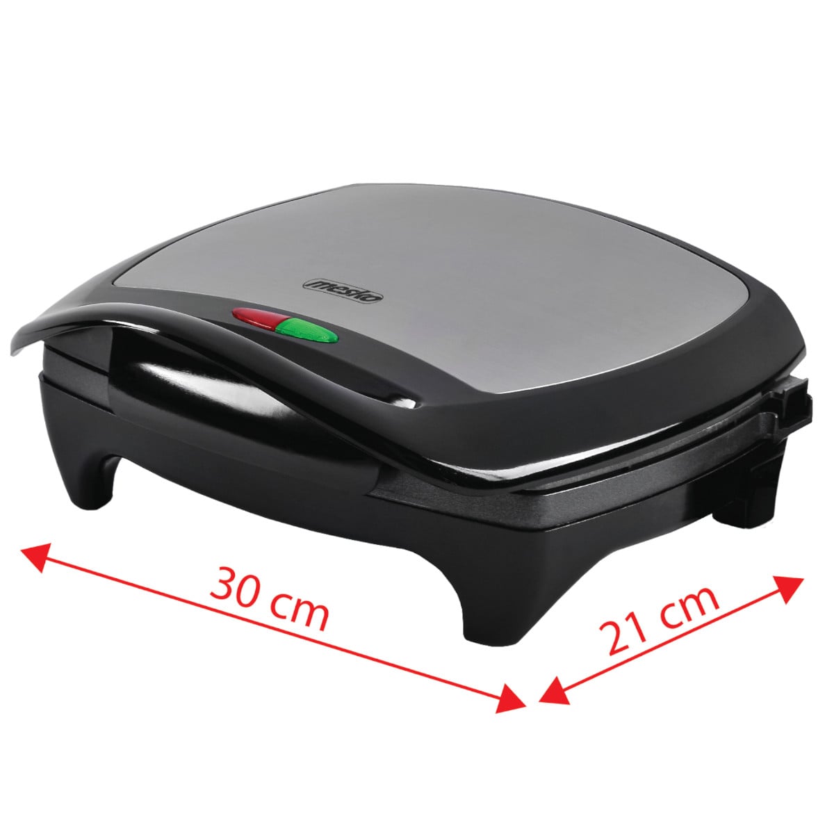 Der Mesko - Kontaktgrill der Marke immer-saugut wird mit seinen Abmessungen durch rote Pfeile gekennzeichnet. Die Breite beträgt 30 cm, während die Tiefe 21 cm beträgt. Seine Oberfläche ist silber mit schwarzen Kanten und verfügt über rote und grüne Kontr