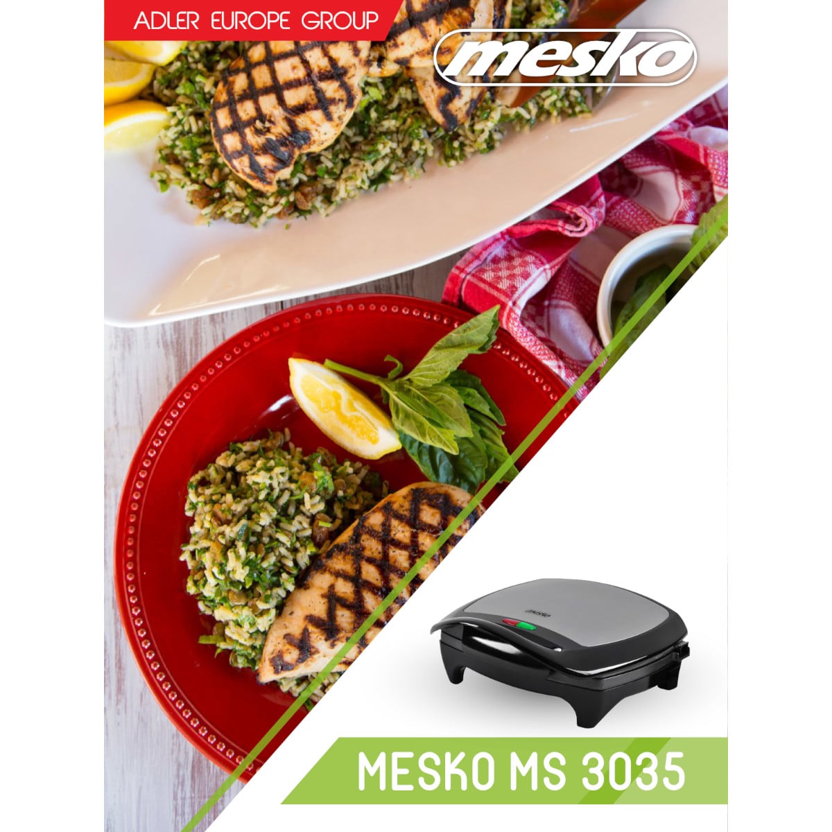 Ein Werbebild für den Mesko - Kontaktgrill von immer-saugut zeigt zwei Gerichte mit gegrilltem Hähnchen mit Blattgemüse auf Tellern, garniert mit Zitronenscheiben und Minze. Unter den Tellern ist ein Bild des Mesko - Kontaktgrills - Großer Grillbereich, H
