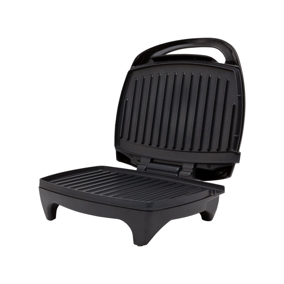 Ein eleganter, schwarzer Mesko Kontaktgrill von immer-saugut, der an eine Panini-Presse erinnert, ist mit geöffnetem Deckel abgebildet. Dieser Grill verfügt über gerippte, antihaftbeschichtete Grillflächen an Ober- und Unterseite, einen Griff zum einfache