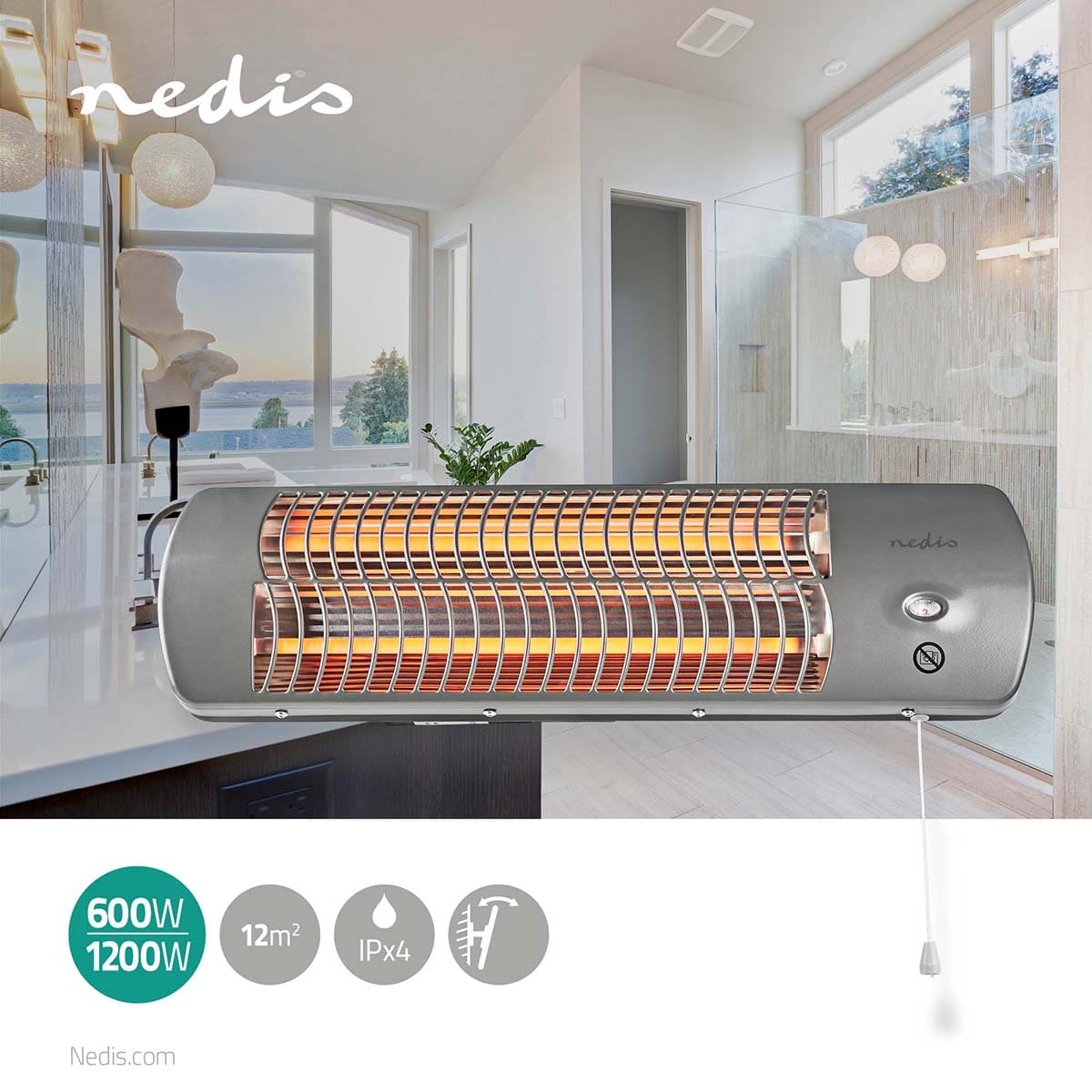 Das Bild zeigt eine Nedis - Badezimmer Heizung - Badezimmerheizstrahler, 2 Wärmeeinstellungen, Wandmontage von Nedis GmbH, eine elektrische Wandheizung, die in einem modernen Badezimmer mit großen Fenstern installiert ist. Sie verfügt über zwei Leistungse