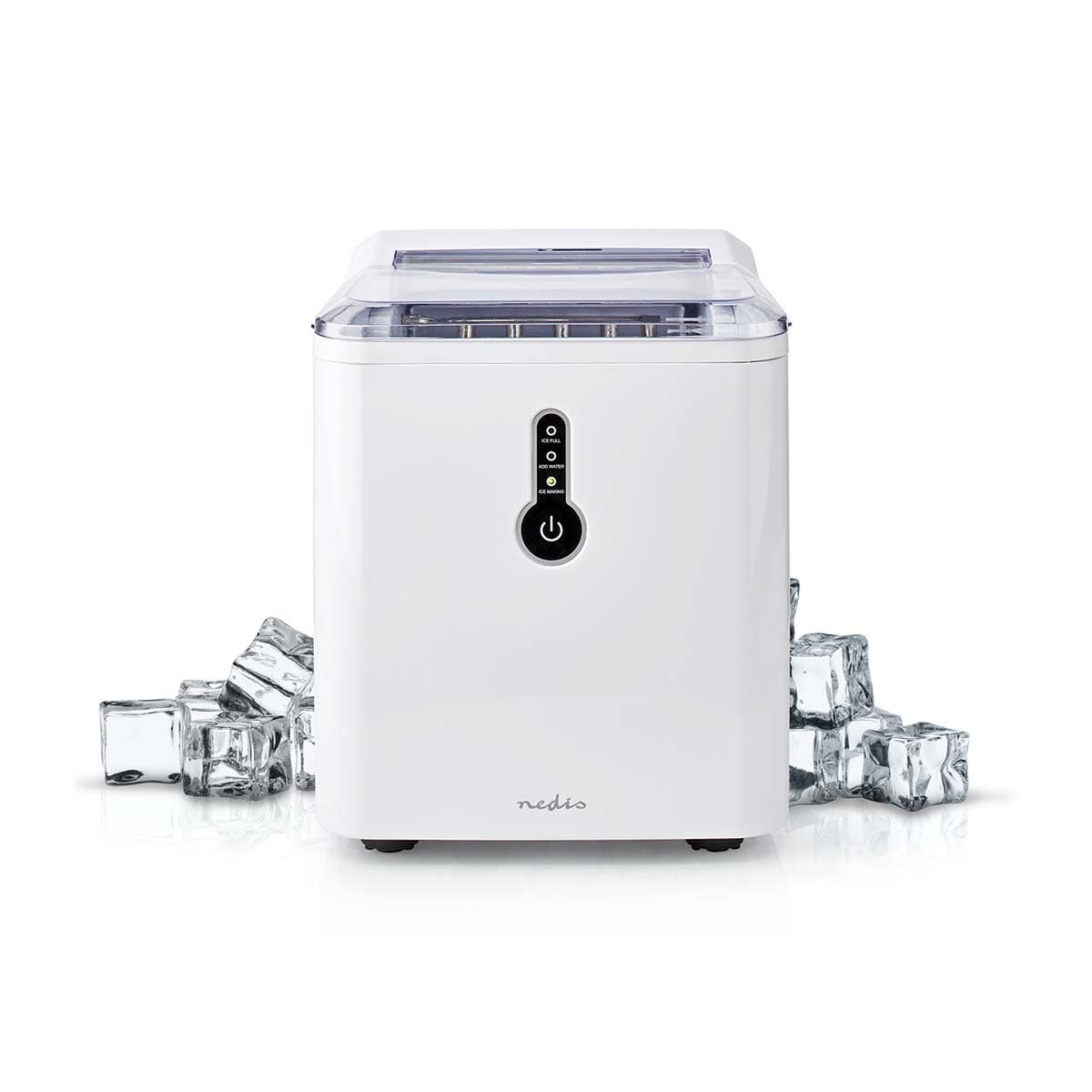 Ein kompakter weißer Eisbereiter mit transparentem Deckel, auf dessen unterer Vorderseite der Markenname immer-saugut zu sehen ist. Er verfügt über ein kreisförmiges digitales Bedienfeld mit drei Tasten und einem Power-Symbol und kann 12 kg Eis pro Tag pr