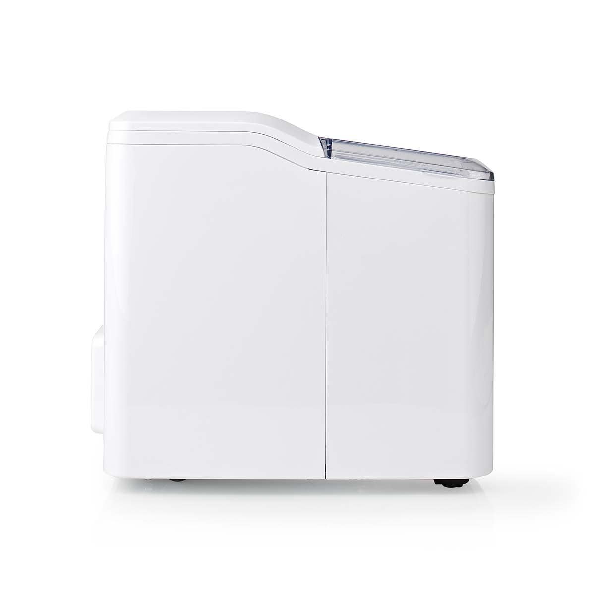 Seitenansicht eines eleganten, weißen Nedis Eiswürfelbereiters von immer-saugut mit minimalistischem Design. Das Gerät hat eine glatte Oberfläche und abgerundete Kanten und verfügt über einen transparenten Deckel im oberen Teil. Das Gerät kann bis zu 12 k