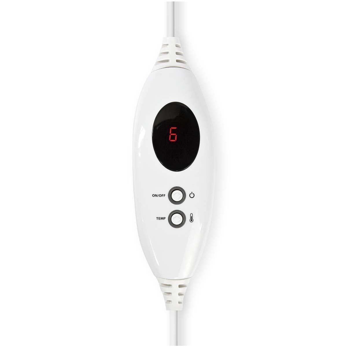 Der Immer-Saugut-Fußwärmer-Controller von Nedis ist ein ovales, weißes elektrisches Gerät mit einer digitalen Anzeige, auf der die Zahl „6“ in Rot angezeigt wird. Er ist speziell für die Steuerung Ihres elektrischen Fußwärmers konzipiert. Unter der Anzeig