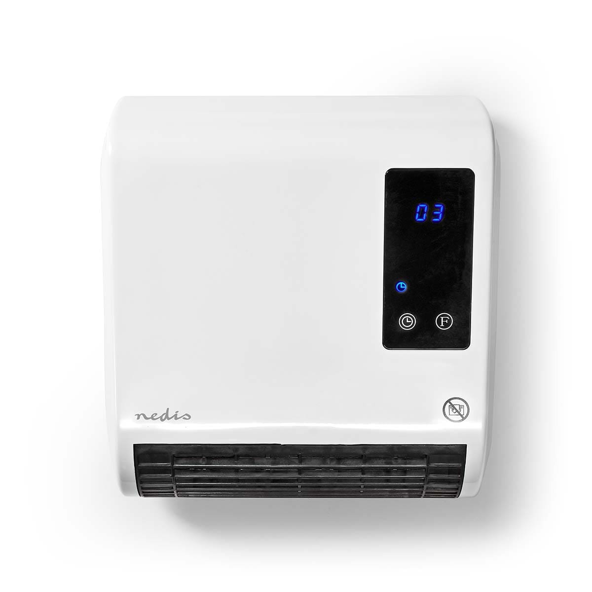 Ein weißer, wandmontierter Badezimmerheizlüfter von Nedis GmbH mit einem 2000 Watt starken Händetrockner und einer Digitalanzeige mit der Anzeige „03“. Das Bedienfeld umfasst Touch-Tasten für Strom, Ventilator und eine Zusatzfunktion. Der Markenname „Nedi