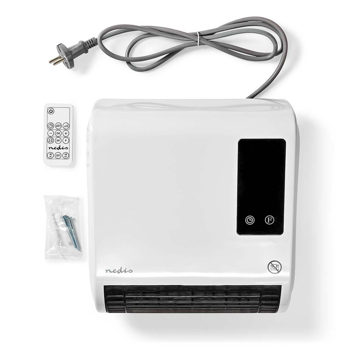 Ein wandmontierter, weißer 2000-Watt-Nedis-Badheizkörper der Nedis GmbH verfügt über ein schwarzes Bedienfeld mit Ein-/Aus- und Lüftertasten. Im Lieferumfang sind ein graues Netzkabel, eine Fernbedienung mit verschiedenen Tasten und eine kleine Plastiktüt