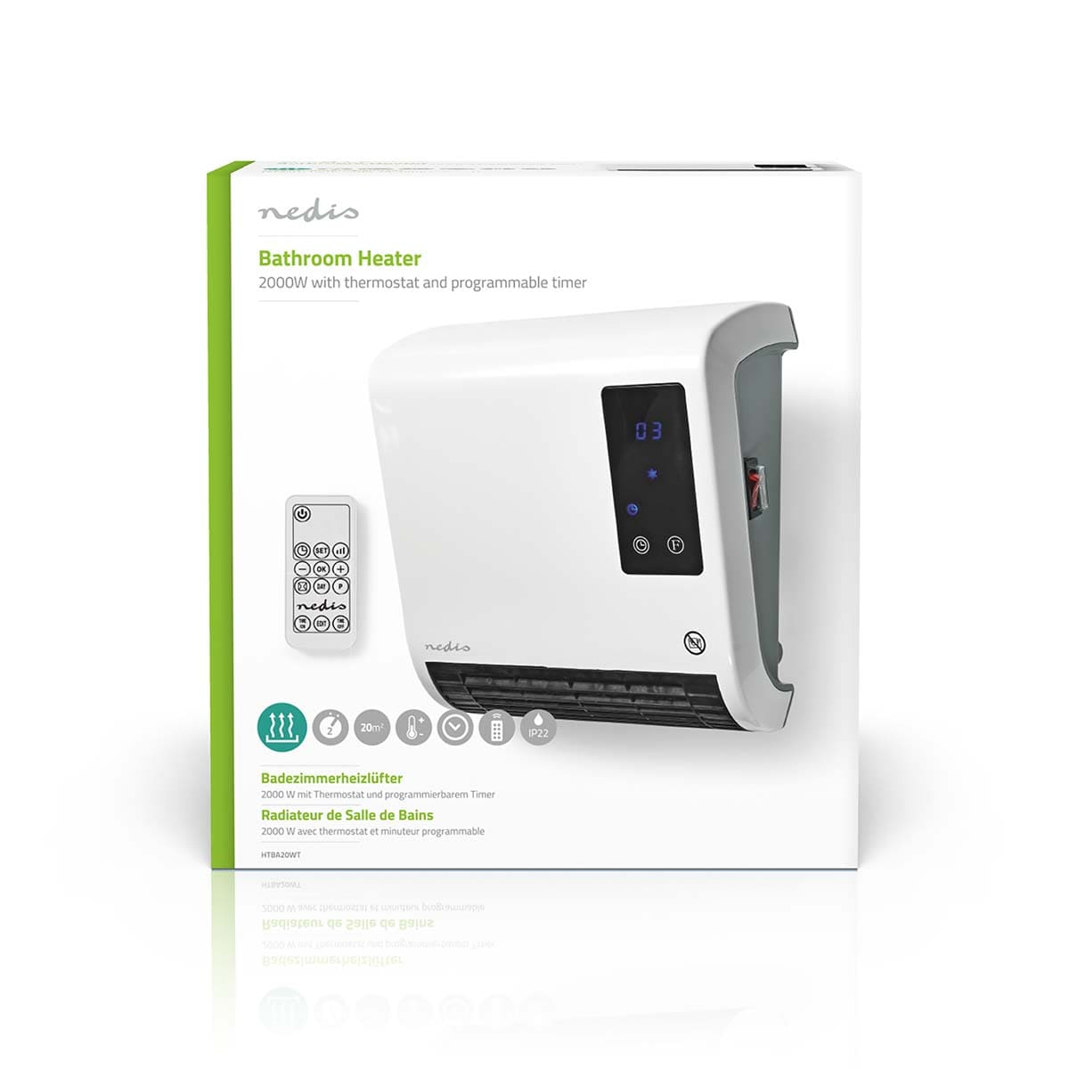Auf der Verpackung ist eine weiß-schwarze Badezimmerheizung von Nedis GmbH abgebildet, die über eine digitale Anzeige verfügt. Die Verpackung hebt die Leistung von 2000 Watt, das verstellbare Thermostat und den programmierbaren Timer hervor. Auf der Verpa
