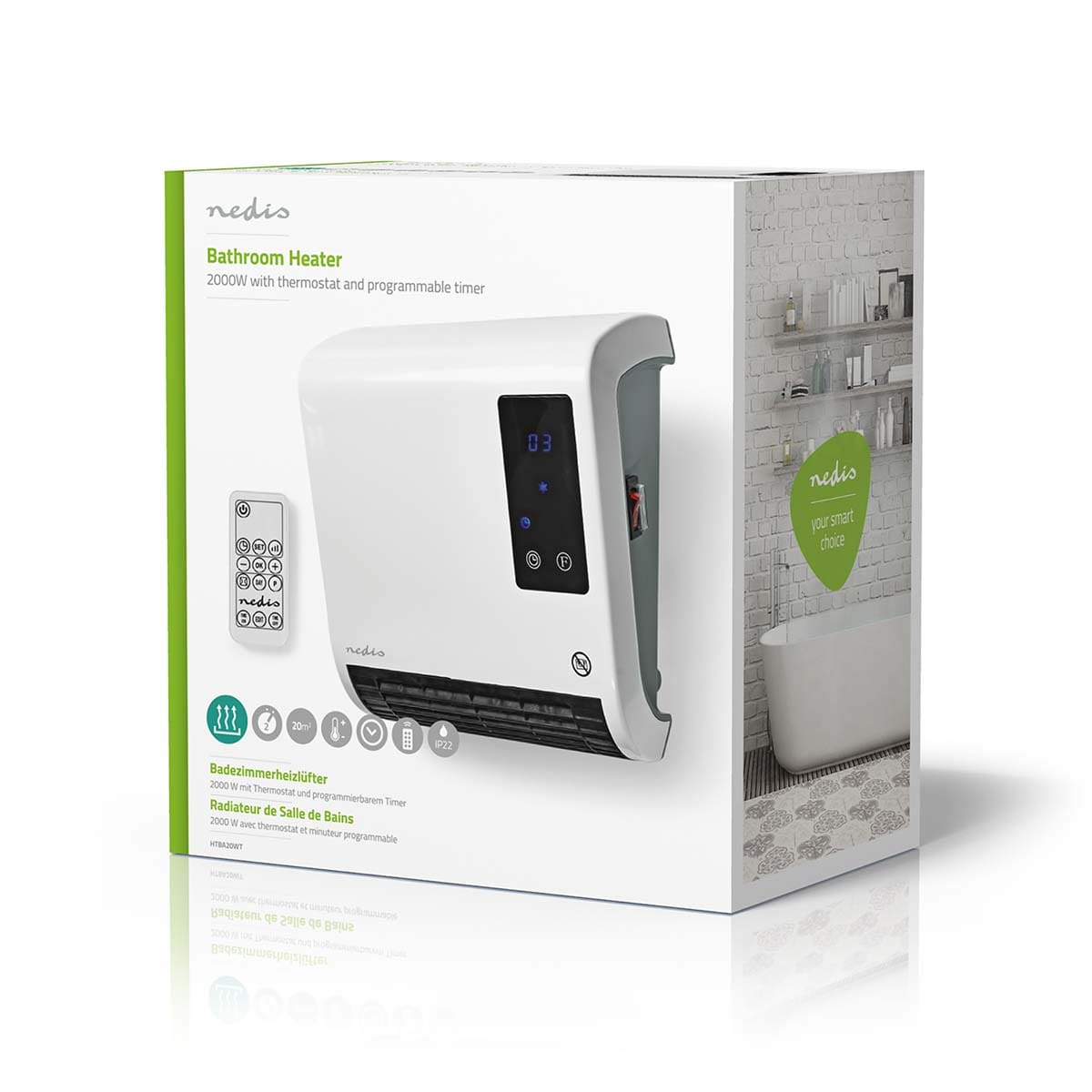 Das Bild zeigt die Verpackung einer Nedis - Badezimmer Heizung der Nedis GmbH. Auf der Verpackung ist die weiße Heizung mit Digitalanzeige, Fernbedienung und Text zu sehen, der ihre Leistung von 2000 Watt, einstellbares Thermostat und programmierbaren Tim
