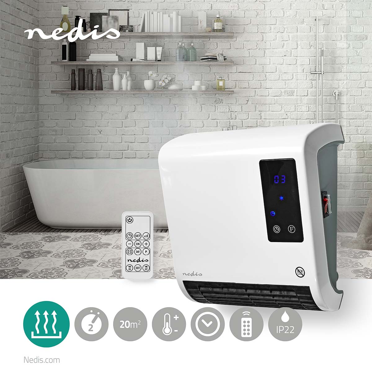 Ein elegantes weißes Badezimmer verfügt über eine freistehende Badewanne vor einer gefliesten Wand mit Regalen. Im Vordergrund steht eine weiße, wandmontierte Nedis - Badezimmerheizung von Nedis GmbH mit digitaler Anzeige, Bedienelementen und einstellbare