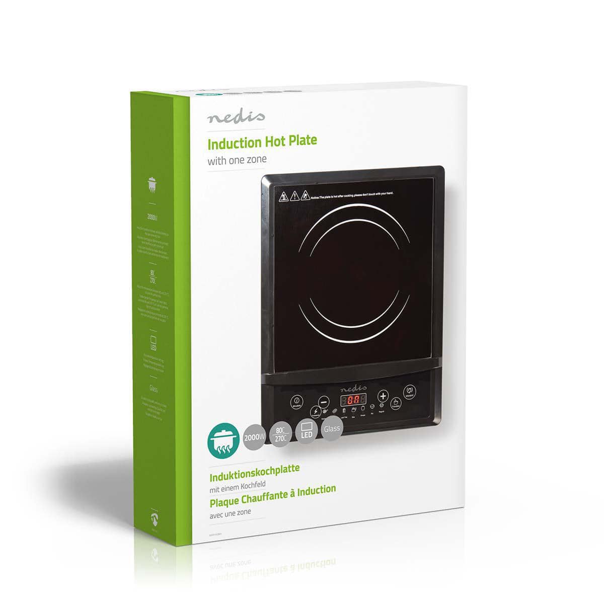 Eine Schachtel des immersaugfähigen Nedis Induktionskochfelds mit einer Zone. Auf der Vorderseite ist ein Bild des schwarzen Induktionskochfelds mit einem digitalen Bedienfeld und einer weiß markierten Kochzone zu sehen. Die Schachtel, hauptsächlich weiß