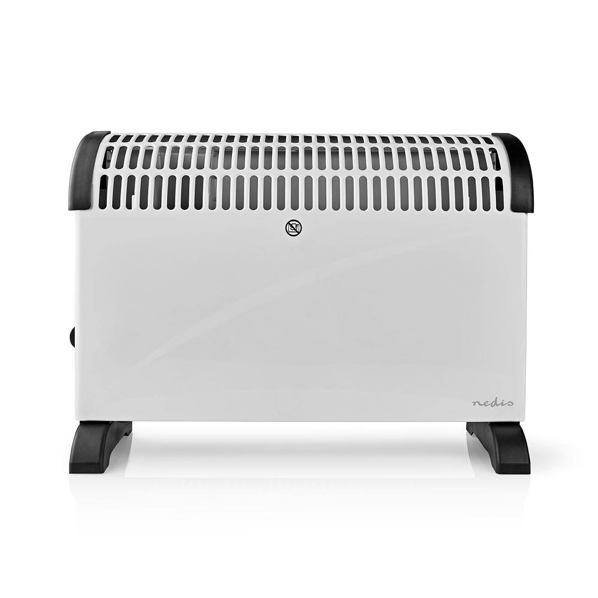Ein weißes Nedis Konvektor-Heizgerät mit 2000 Watt Leistung, mit schwarzen Akzenten an den Beinen und dem oberen Lüftungsgitter, verfügt über eine perforierte obere Frontlüftung zur Luftzirkulation. Dieses Immersaugut-Heizgerät hat in der Mitte ein kleine