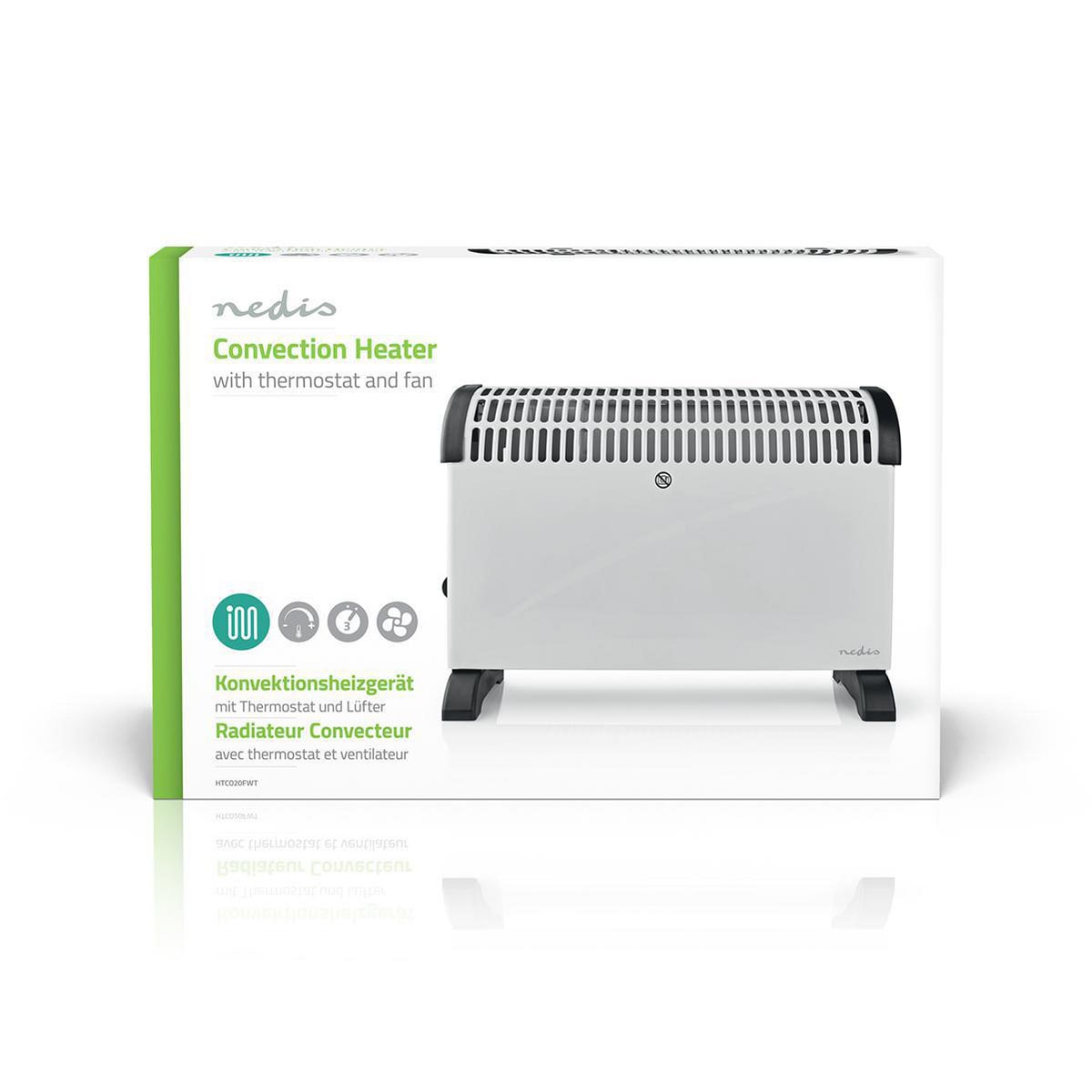 Das Bild zeigt ein verpacktes Immersaugut Nedis - Konvektor Heizgerät - Konvektionsheizgerät mit 2000 Watt Leistung, einstellbarem Thermostat und drei Heizstufen. Die überwiegend weiße Box weist grüne Akzente auf und trägt auf der Vorderseite ein Bild des