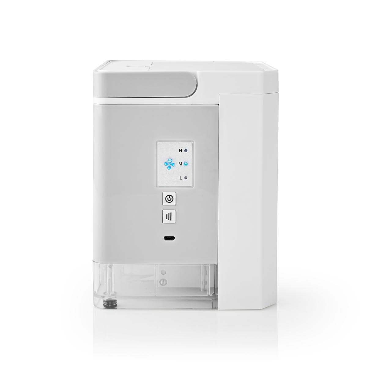 Ein eleganter weißer Nedis - Mini-Luftkühler - Tischventilator mit Befeuchtung, USB-Anschluss, 56 m³/h, 51 dB von immer-saugut mit modernem Design und einem Bedienfeld auf der Vorderseite mit Anzeigeleuchten, die die Einstellungen für hohe, mittlere und n