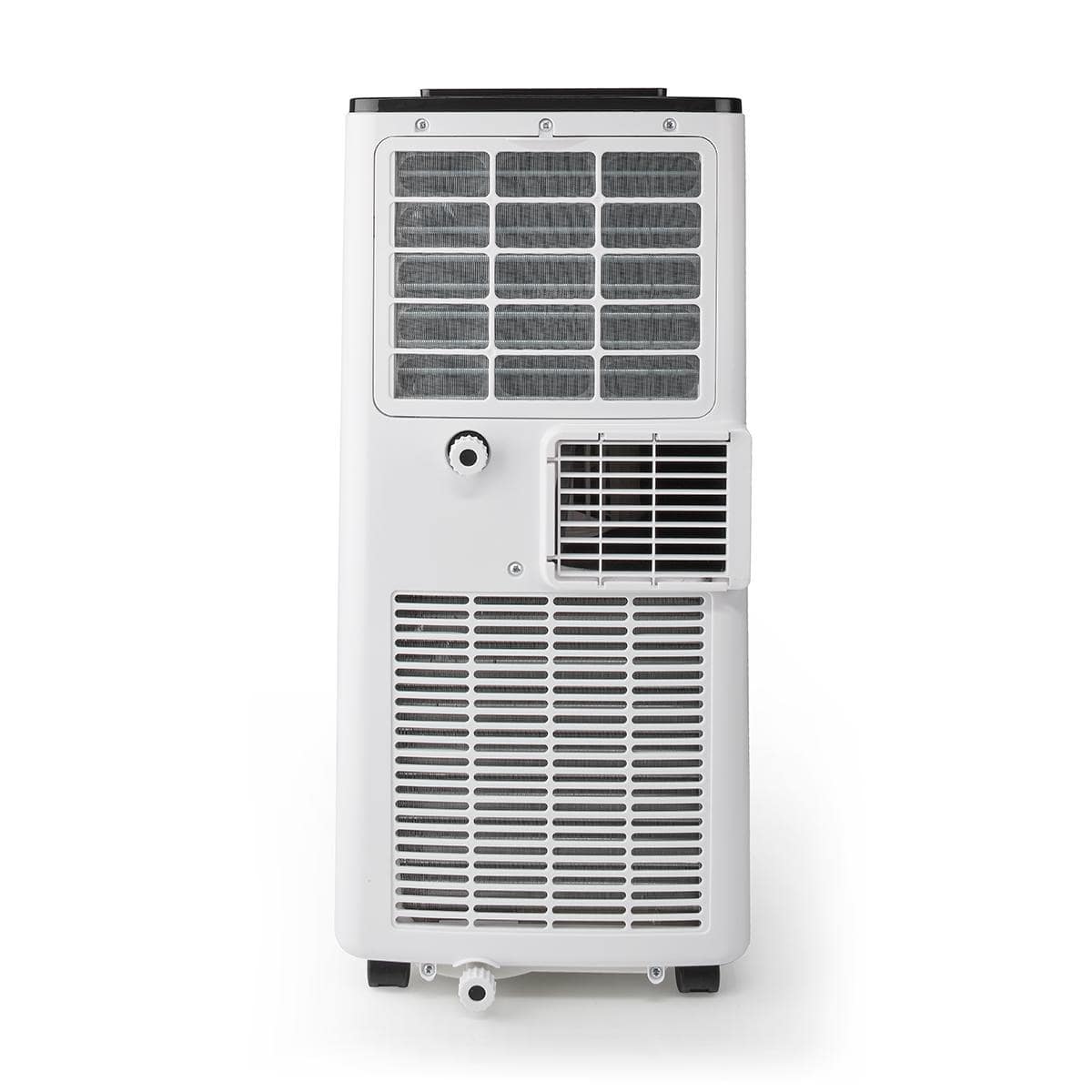 Das Bild zeigt die Rückansicht einer weißen, rechteckigen, mobilen Nedis - Mobile Klimaanlage mit Energieklasse A - Kühlkapazität: 7000 BTU, max. Raumgröße: 60 m³, 300 m³/h, 65 dB von immer-saugut. Dieses 3-in-1-Gerät verfügt über zwei große rechteckige L