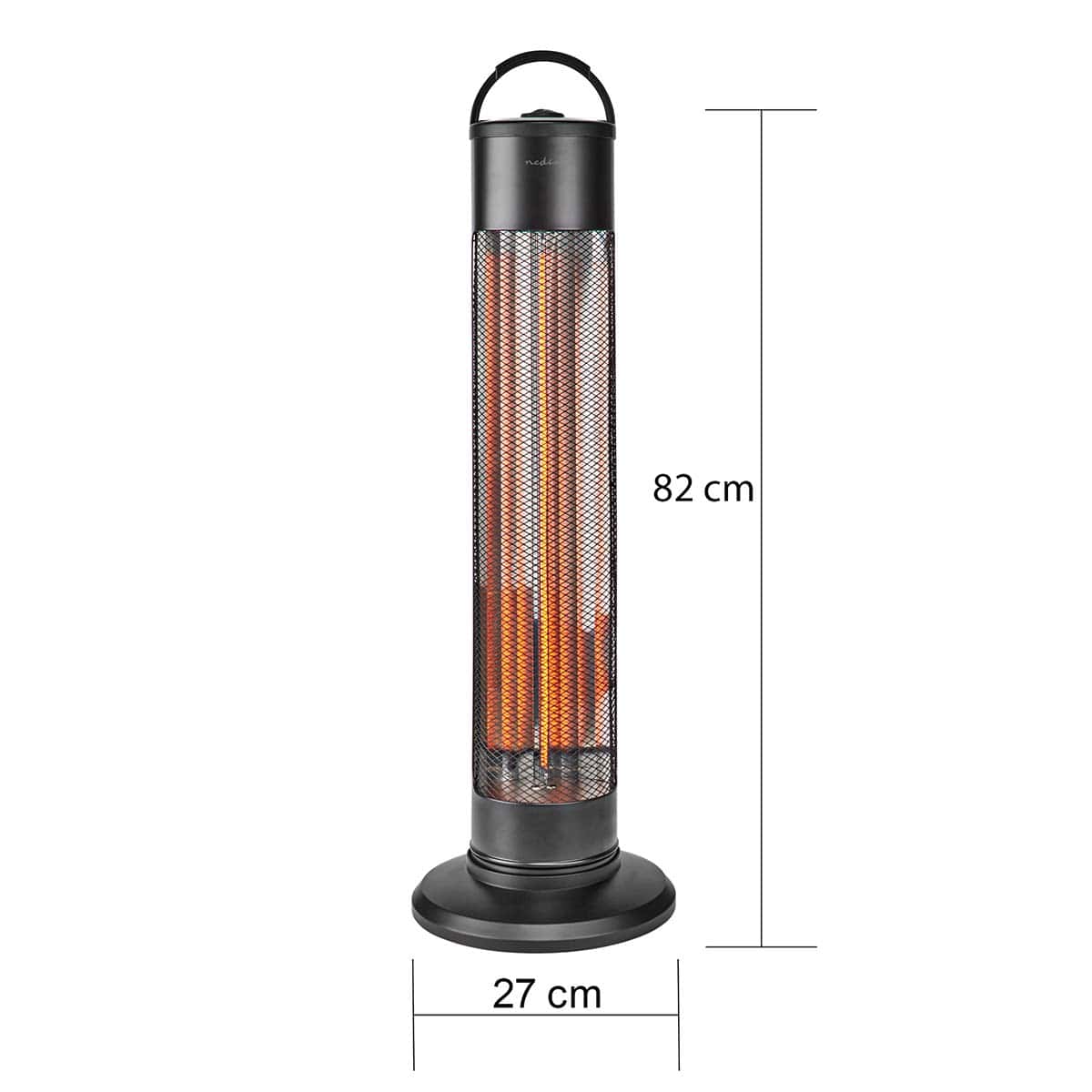 Ein schwarzer, zylindrischer Nedis Terrassenheizer von immer-saugut mit Mesh-Außenseite steht auf einem runden Sockel. Der Heizer verfügt über einen Griff an der Oberseite und ein sichtbares 1200-Watt-Kohleheizelement im Inneren. Seine Maße betragen 82 cm