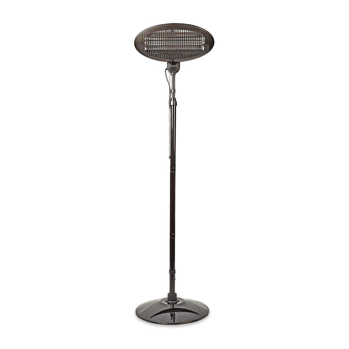 Der immer-saugut Nedis Terrassenheizer ist ein eleganter, schwarzer Terrassenheizer mit einem runden Heizelement an der Oberseite und einem verstellbaren Stangenständer. Das metallische Heizpaneel ist von einem Schutzgitter umgeben, während der robuste, r