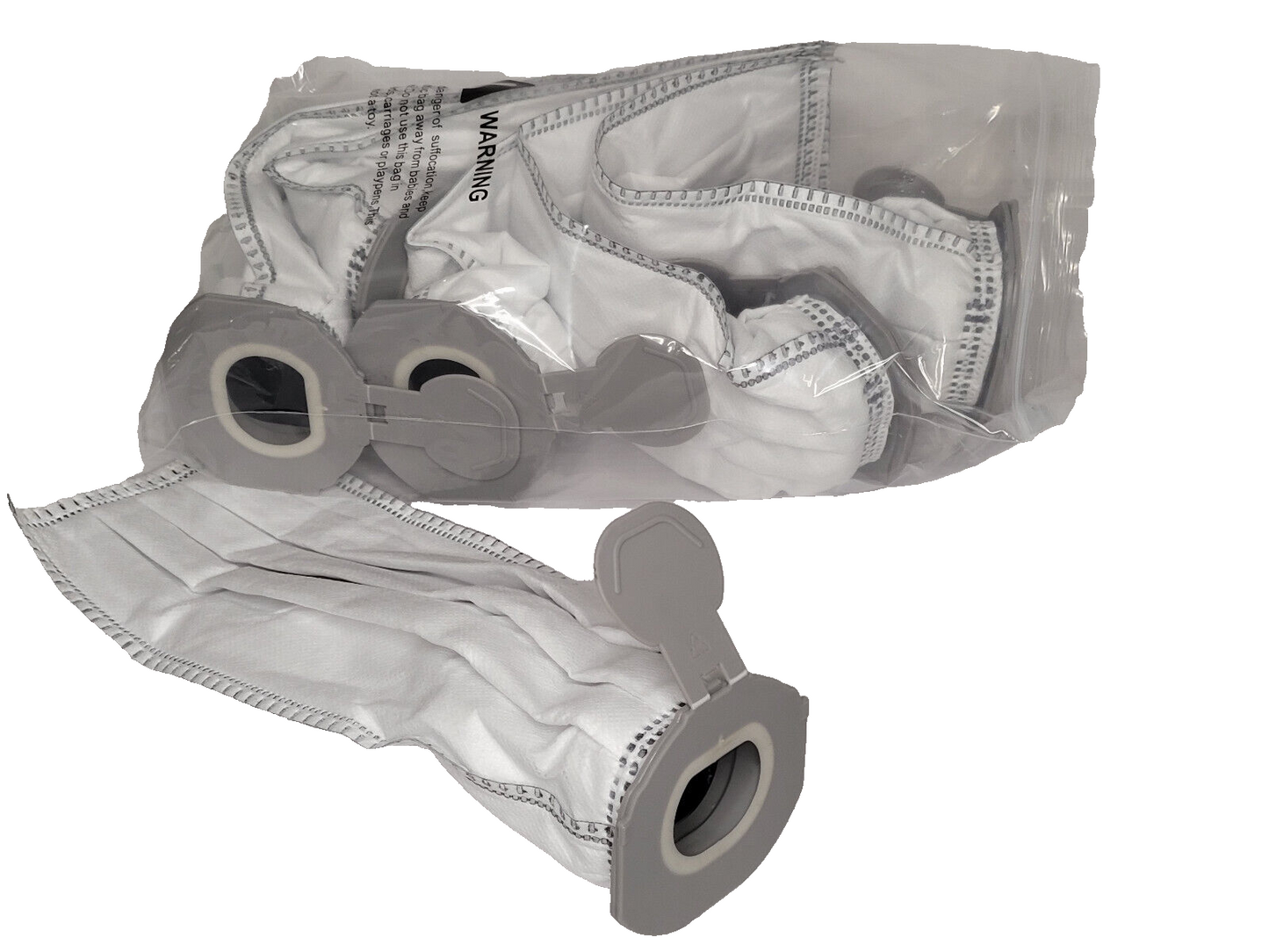 Eine Packung gefalteter weißer Gesichtsmasken mit grauen, verstellbaren Ventilteilen spiegelt die Präzision des Vorwerk Kobold VK7-Designs von RMO wider. Die Masken sind in einer durchsichtigen Tasche mit einem „WARNUNG“-Etikett verpackt und verfügen über