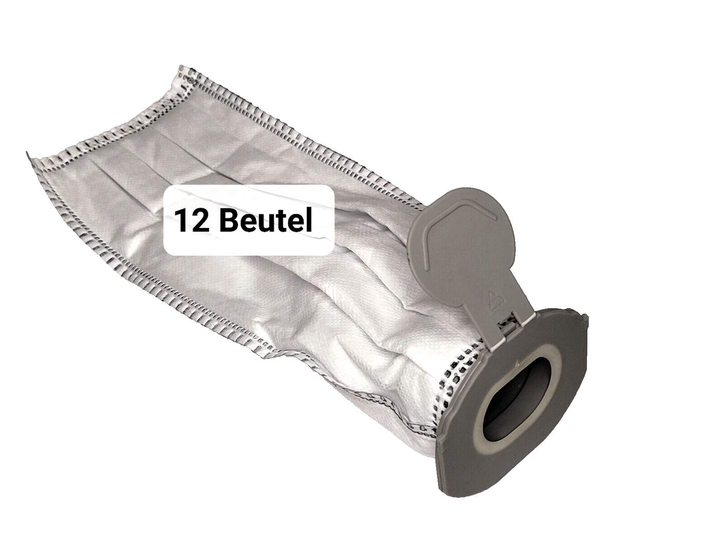 Der weiße RMO Staubsaugerbeutel für den Vorwerk Kobold VK7 verfügt über einen Kunststoffanschluss und eine Klappe. Sein rechteckiges, plissiertes Design trägt ein schwarzes „12 Beutel“-Etikett mit sauber genähten Kanten und sichtbarem schwarzen Faden, der