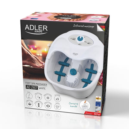 Verpackung für das Fußmassagegerät AD 2167 weiß von Adler Europe GmbH, mit dem weißen Massagegerät mit blauen Rollen und Bedienknopf, Symbolen für die Funktionen sowie einem Bild einer entspannenden Fußmassage. Zu den Highlights zählen die Infrarotmassage und eine Leistung von 80 W.