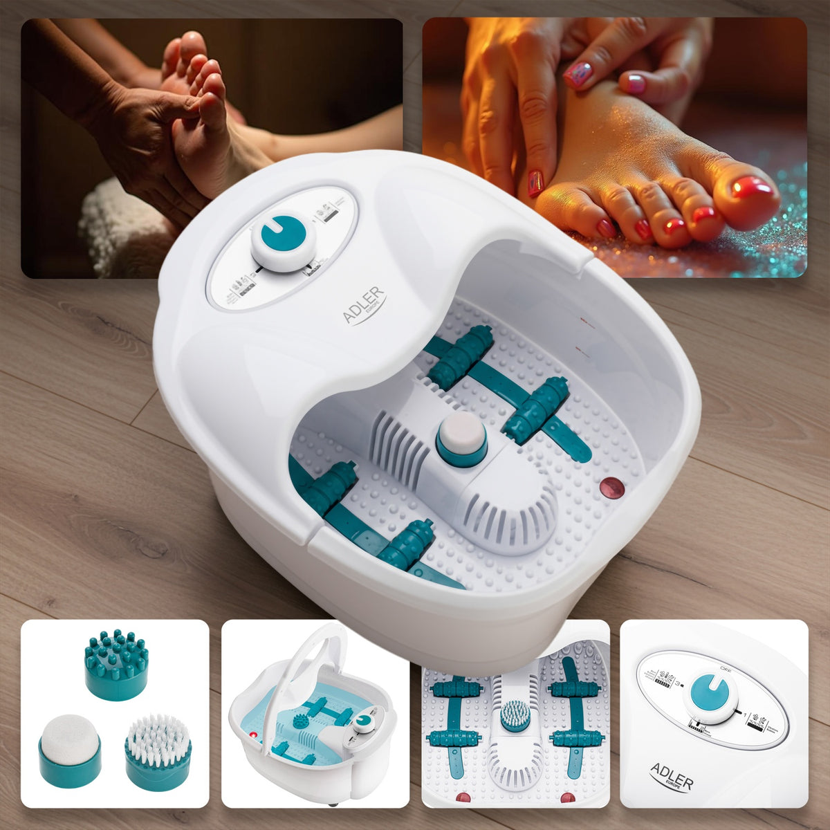 Im Mittelpunkt steht ein weißes Fußmassagegerät AD 2167 von Adler Europe GmbH; darunter sind Nahaufnahmen der Aufsätze, Bedienelemente und Funktionen zu sehen. Die beiden Bilder oben zeigen Hände, die saubere, gepflegte Füße massieren.