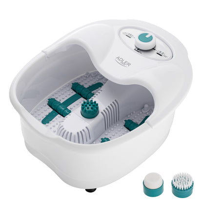 Das Fußmassagegerät AD 2167 weiß von Adler Europe GmbH besticht durch sein Design in Weiß und Blaugrün, strukturierte Rollen, einen Massageknopf sowie ein Bedienrad und wird mit einem abnehmbaren Bimsstein und einer Bürste geliefert, um ein umfassendes Fußmassageerlebnis zu bieten.