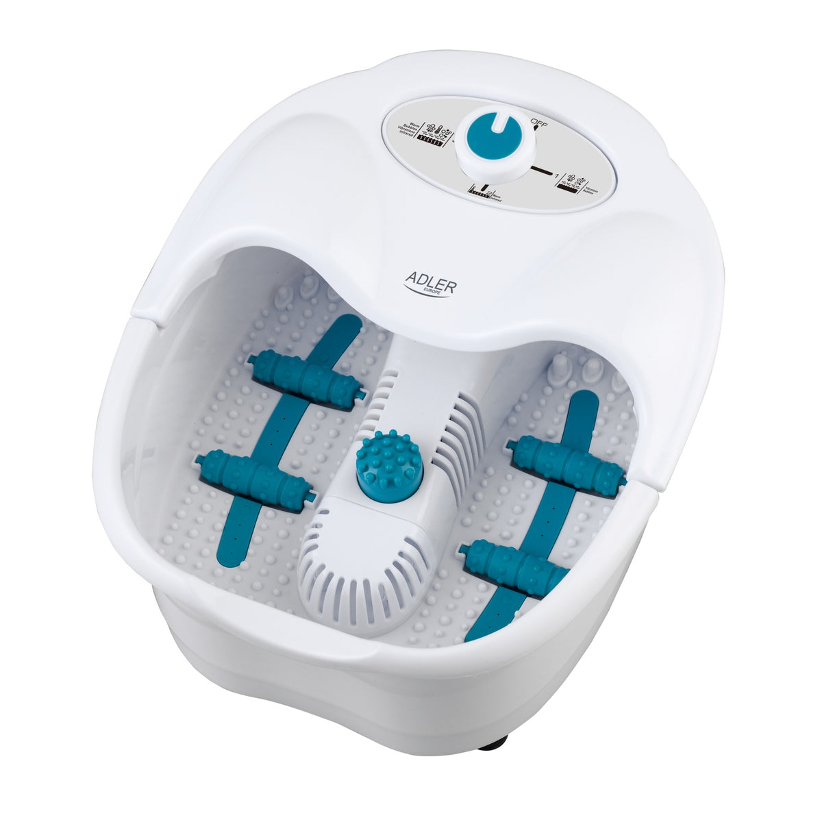 Das Fußmassagegerät AD 2167 weiß von Adler Europe GmbH zeichnet sich durch ein weiß-blaues Design, einen zentralen Drehregler, eine strukturierte Oberfläche, zwei blaue Seitenrollen und einen runden Massagekopf für wohltuende Fußmassagen und Entspannung aus.
