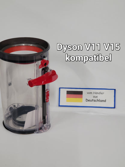 Ein klarer Kunststoff ALMEc Supplies Behälter mit Dyson V15s Detect Submarine, V15 Advanced, V15 Origin, kompatibel steht aufrecht. Der Text lautet "Dyson V15 Ersatz kompatibel". Daneben ist eine Karte mit einer deutschen Flagge und "vom Händler aus Deutschland".