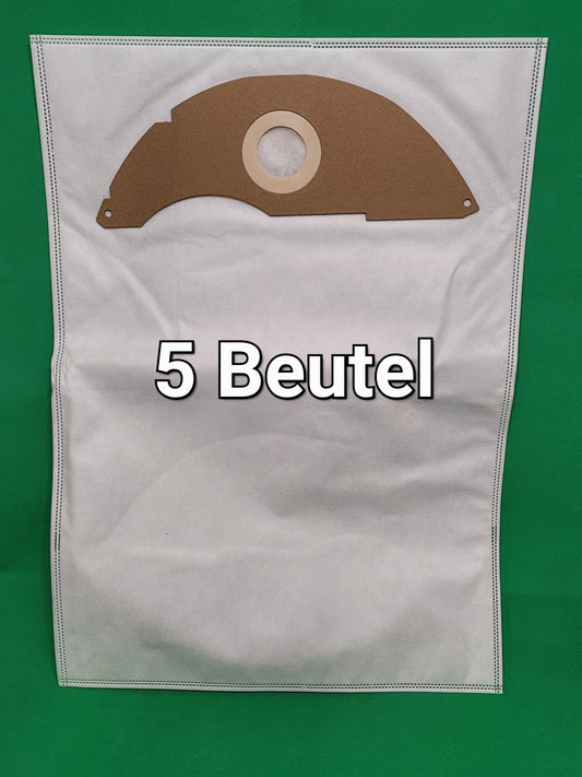 Ein brauner und weißer Vliesbeutel Staubsaugerbeutel mit einem runden Pappkragen ist auf grünem Hintergrund abgebildet. "5 Beutel kompatibel mit Baier Entstauber BSS 306L" ist in fetter schwarzer und weißer Schrift hervorgehoben.