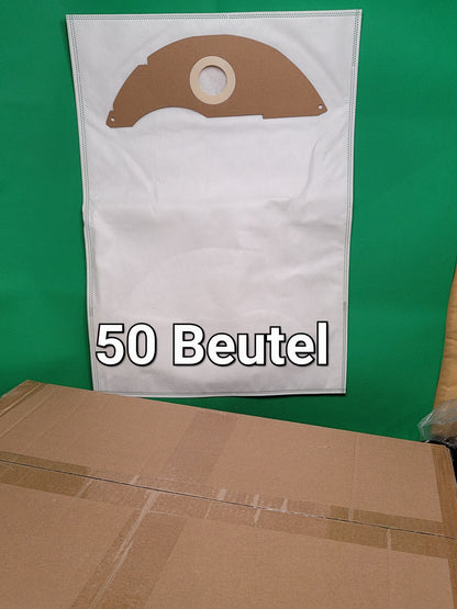 Ein großer weißer Staubsaugerbeutel von immer-saugut, beschriftet mit "50 Beutel" und kompatibel mit Starmix eCraft L-1422, PL-1422 EWR, L-1422 HKR, APL-1422 EWR, FBV 22 (454870), wird mit geschlossener Schachtel vor grünem Hintergrund gezeigt.