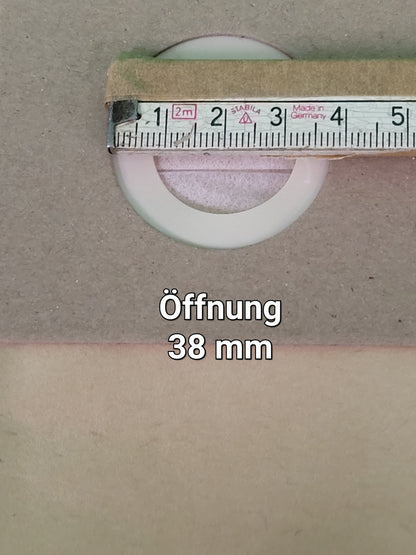 Eine Nahaufnahme zeigt ein 38-mm-Loch, gemessen in Zentimetern, beschriftet mit "Öffnung 38 mm" - passend für immer-saugut 20 Beutel kompatibel mit Güde GNTS 12L.