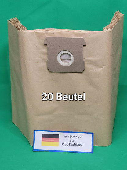 Ein brauner Staubsaugerbeutel von immer-saugut, mehrlagig aus Papier mit Kartonkragen, steht auf grünem Hintergrund. "20 Beutel" ist aufgedruckt, das Label zeigt die deutsche Flagge. Kompatibel mit Parkside PNTSA 20 L und PNTSA 20 Li A1.