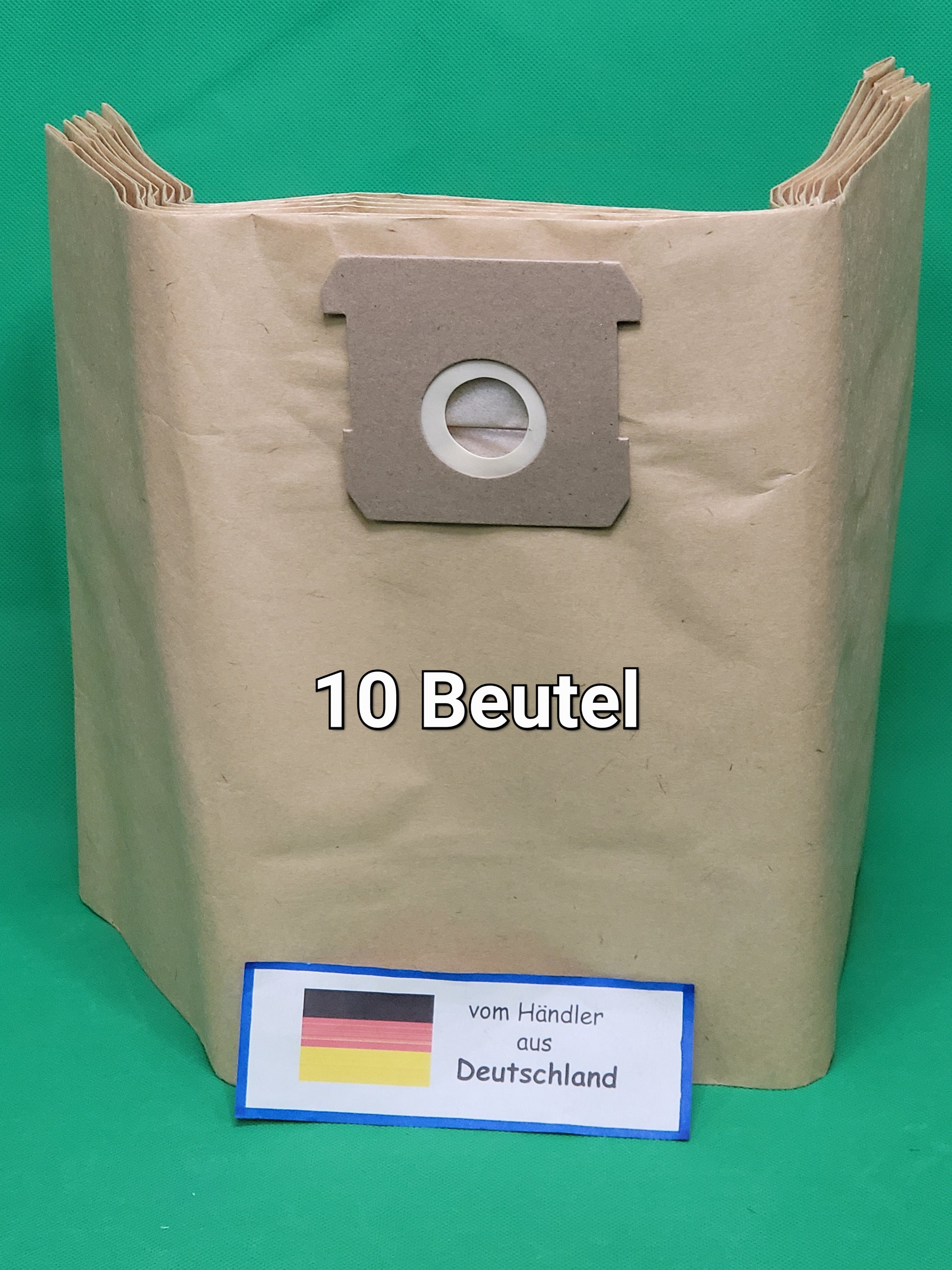 Ein brauner, immer saugfähiger Staubsaugerbeutel (10 Beutel kompatibel mit Parkside PNTSA 20 L, PNTSA 20 Li A1) steht aufrecht auf grünem Hintergrund. In weißer Schrift steht "10 Beutel", auf einer Karte mit deutscher Flagge steht "vom Händler aus Deutschland".