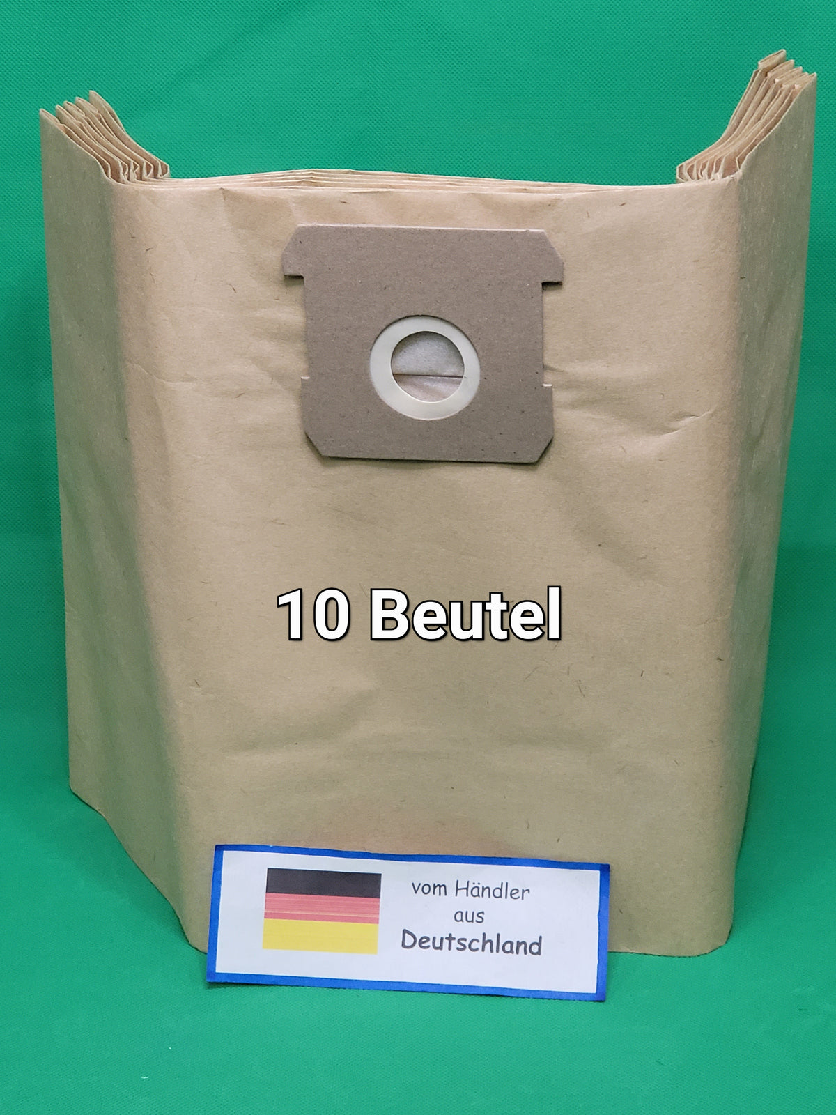 Ein großer brauner Staubsaugerbeutel steht auf einem grünen Hintergrund. Es erscheint der Text "10 Beutel kompatibel mit Germania Nass-Trockensauger 12L GNTS 1200 W", mit einer deutschen Flaggenkarte "vom Händler aus Deutschland".