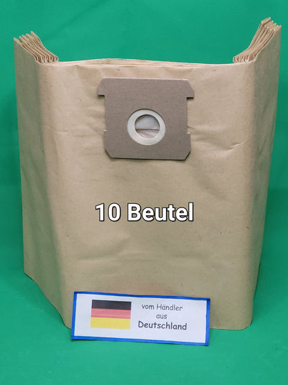 Eine Packung mit 10 Beuteln kompatibel mit Scheppach SP16Vac SE von immer-saugut steht aufrecht, mit Kartonmanschette in der Mitte. "10 Beutel" ist eingeblendet. Eine Karte mit deutscher Flagge zeigt "vom Händler aus Deutschland" vor grünem Hintergrund.