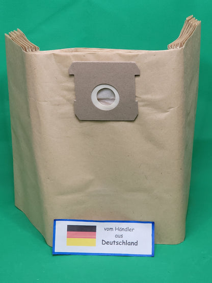 Ein großer, mehrlagiger Papier Staubsaugerbeutel von immer-saugut für Parkside PNTSA 20 L und PNTSA 20 Li A1 steht auf grünem Hintergrund. Vorn zeigt ein Schild mit deutscher Flagge "vom Händler aus Deutschland". Die Packung enthält 20 Beutel.