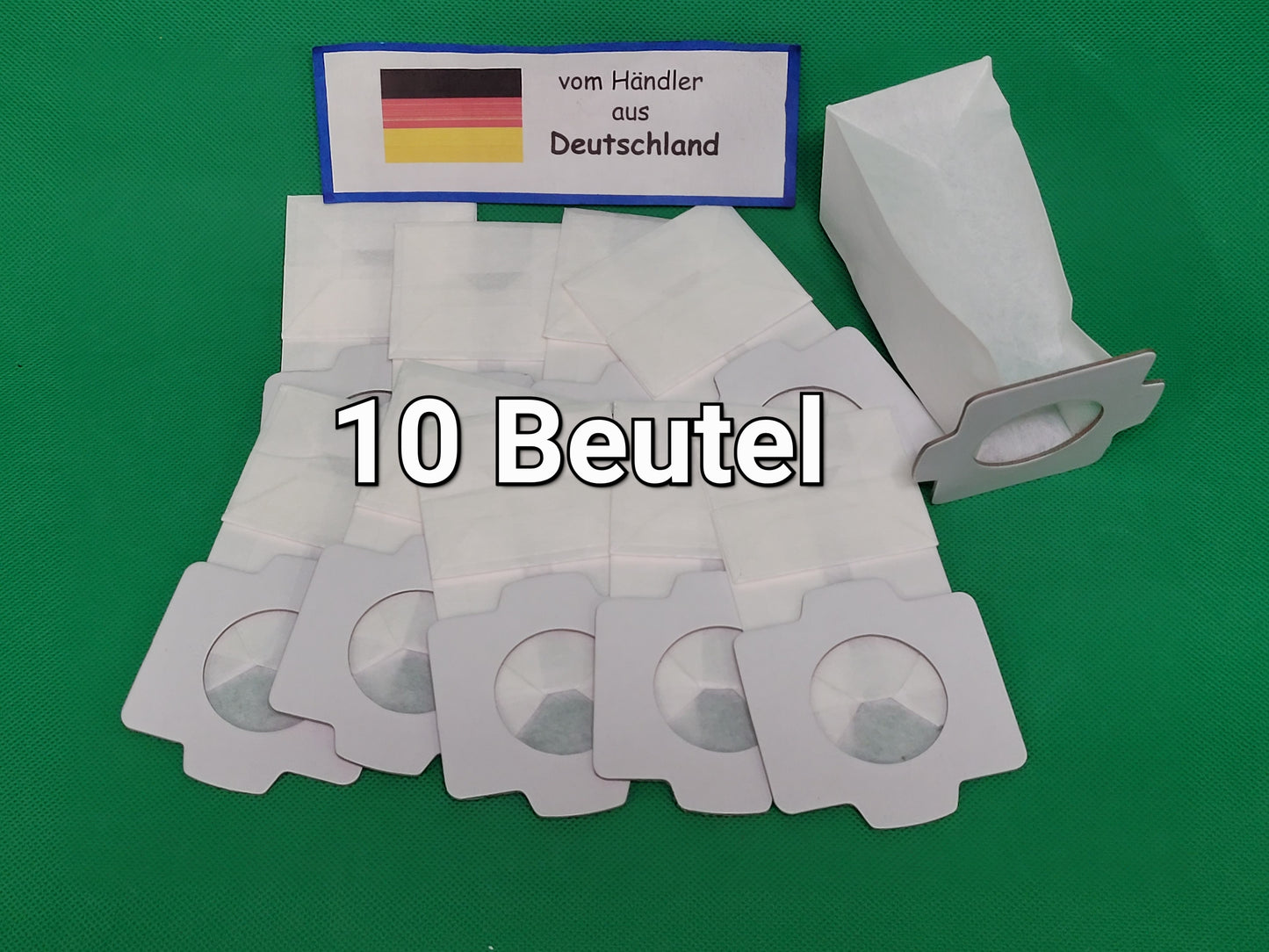 Zehn weiße Staubsaugerbeutel mit Pappkragen sind auf einer grünen Fläche abgebildet. Auf einem Schild mit der deutschen Flagge steht "vom Händler aus Deutschland". Überlagerter Text: "10 Beutel." immer-saugut, kompatibel mit Makita 194566-1, 198745-3.