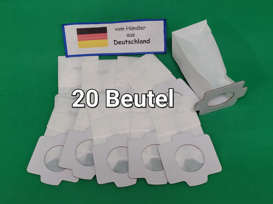 20 weiße immer-saugende Beutel, kompatibel mit Makita 194566-1 &amp; 198745-3, liegen mit Kartonmanschetten auf grünem Untergrund. Ein Schild mit deutscher Flagge und "vom Händler aus Deutschland" ist darüber zu sehen.