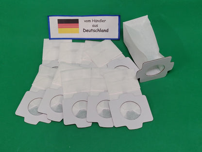 Zehn weiße immer-saugende Beutel kompatibel mit Makita 194566-1, 198745-3 mit Pappkragen sind auf einer grünen Fläche ausgestellt. Ein Schild mit der deutschen Flagge hinter ihnen zeigt an, dass sie von einem deutschen Händler stammen.