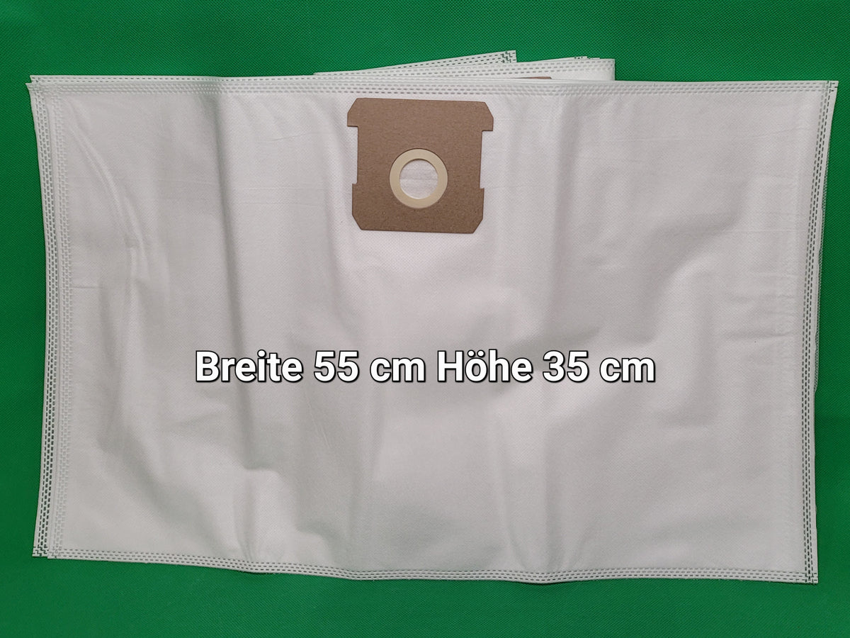 Ein weißer Vlies Staubsaugerbeutel (Breite 55 cm, Höhe 35 cm) mit braunem Kragen und runder Öffnung ist auf grün abgebildet. Passend für Einhell TC-VC 1812S, TC-VC 1815S, TE-VC 18/10 Li Solo Power X Change. Marke: Unbekannt/Sonstige. Set mit 10 Beuteln.