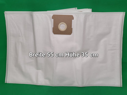 Ein weißer Vlies Staubsaugerbeutel (Breite 55 cm, Höhe 35 cm) mit braunem Kragen und runder Öffnung ist auf grün abgebildet. Passend für Einhell TC-VC 1812S, TC-VC 1815S, TE-VC 18/10 Li Solo Power X Change. Marke: Unbekannt/Sonstige. Set mit 10 Beuteln.