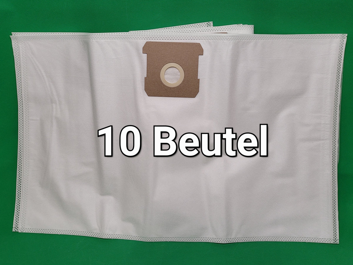 Ein Stapel weißer Vlies Staubsaugerbeutel mit rundem Kragen liegt auf Grün. "10 Beutel" in fetter schwarzer Schrift zeigt die Einhell-kompatiblen Mehrschichtbeutel dieses Unbekannt/Sonstige Sets für TC-VC 1812S, TC-VC 1815S, TE-VC 18/10 Li Solo.