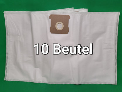 Ein Stapel weißer Vlies Staubsaugerbeutel mit rundem Kragen liegt auf Grün. "10 Beutel" in fetter schwarzer Schrift zeigt die Einhell-kompatiblen Mehrschichtbeutel dieses Unbekannt/Sonstige Sets für TC-VC 1812S, TC-VC 1815S, TE-VC 18/10 Li Solo.
