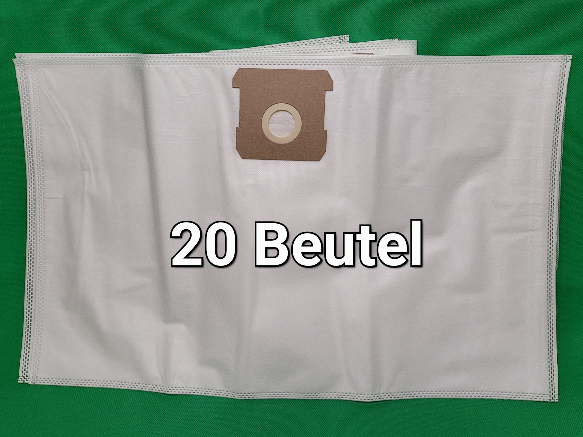 Ein weißer Vlies Staubsaugerbeutel mit einem braunen Kragen liegt auf Grün. Der fettgedruckte Text "20 Beutel" zeigt, dass diese Unbekannt-Packung zu den Modellen Einhell TC-VC 1812S, TC-VC 1815S und TE-VC 18/10 Li Solo Power X Change passt; das Layout is