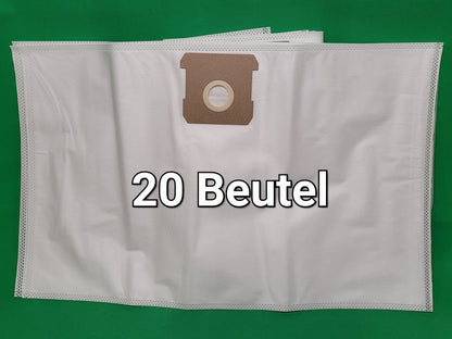 Ein weißer Vlies Staubsaugerbeutel mit einem braunen Kragen liegt auf Grün. Der fettgedruckte Text "20 Beutel" zeigt, dass diese Unbekannt-Packung zu den Modellen Einhell TC-VC 1812S, TC-VC 1815S und TE-VC 18/10 Li Solo Power X Change passt; das Layout is